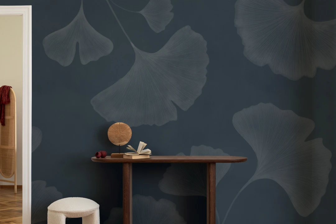 Navy Ginkgo Leaf Mural