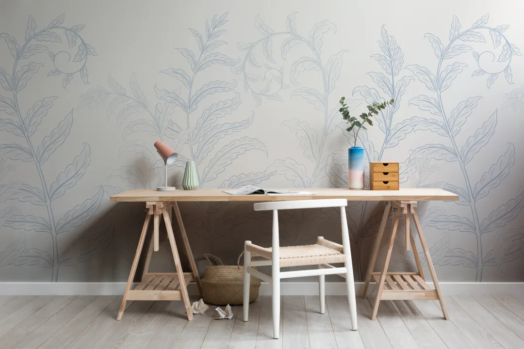 Blue Botanical Ferns Mural