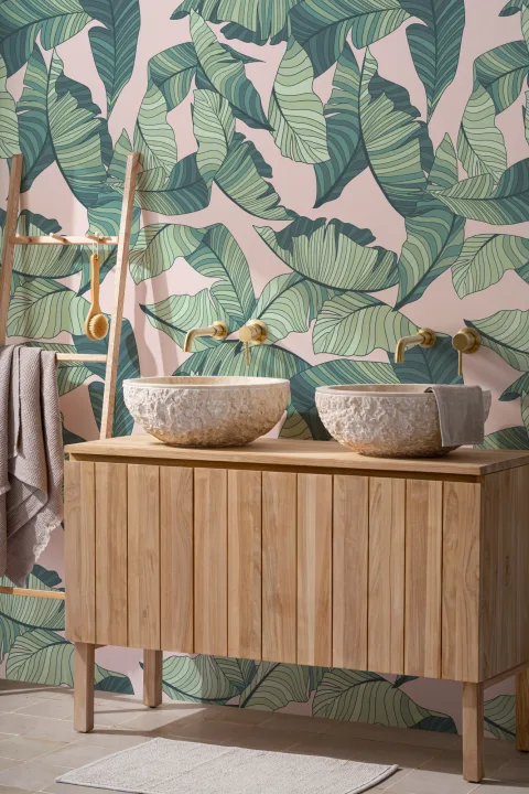 Mural Papel Pintado Hojas Tropicales Rosa y Verdes
