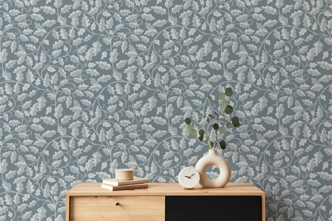 Murales de papel pintado con patrón botánico de hojas de roble azul para espacios serenos