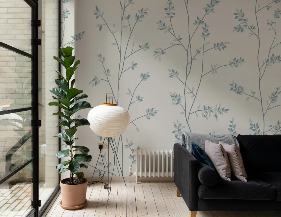 Niebieska elegancka fototapeta w botaniczny wzór liści