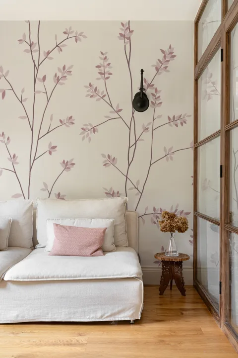 Soft Pink Botanical Charm Wallpaper Mural for Tranquil Spaces