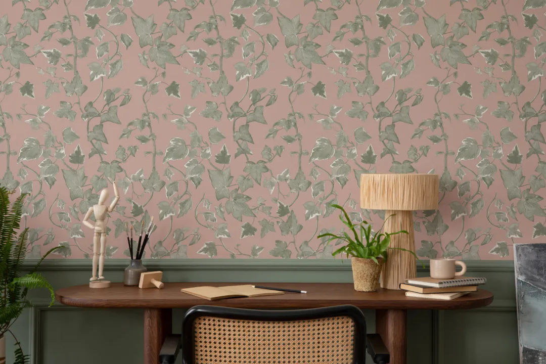 Papel pintado hiedra vintage rosa