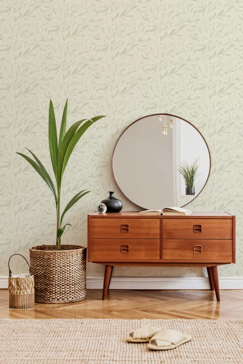 Green Watercolor Floating Leaves Wallpaper