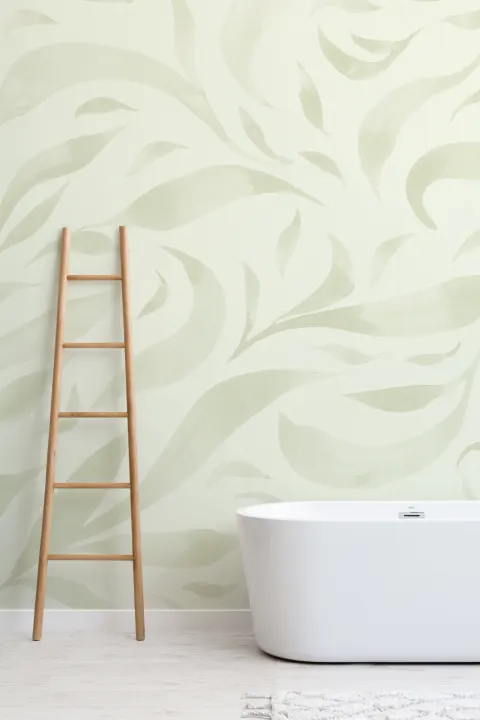Papel pintado Verde Acuarela Hojas Flotantes