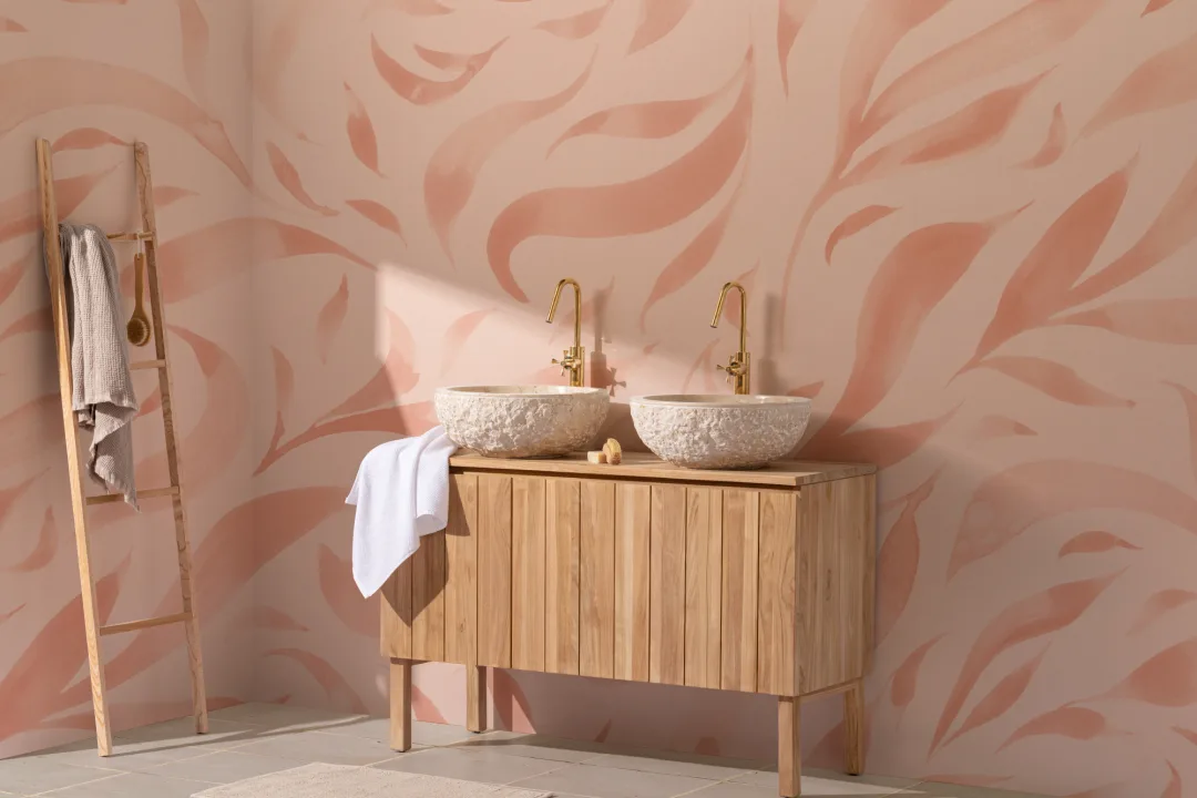 Pink Watercolor Floating Leaves Mural