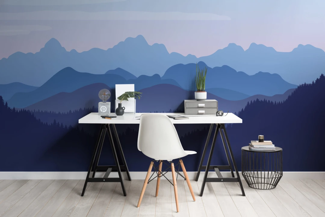 Blue Illustrated Landscape Mountains Wallpaper Mural