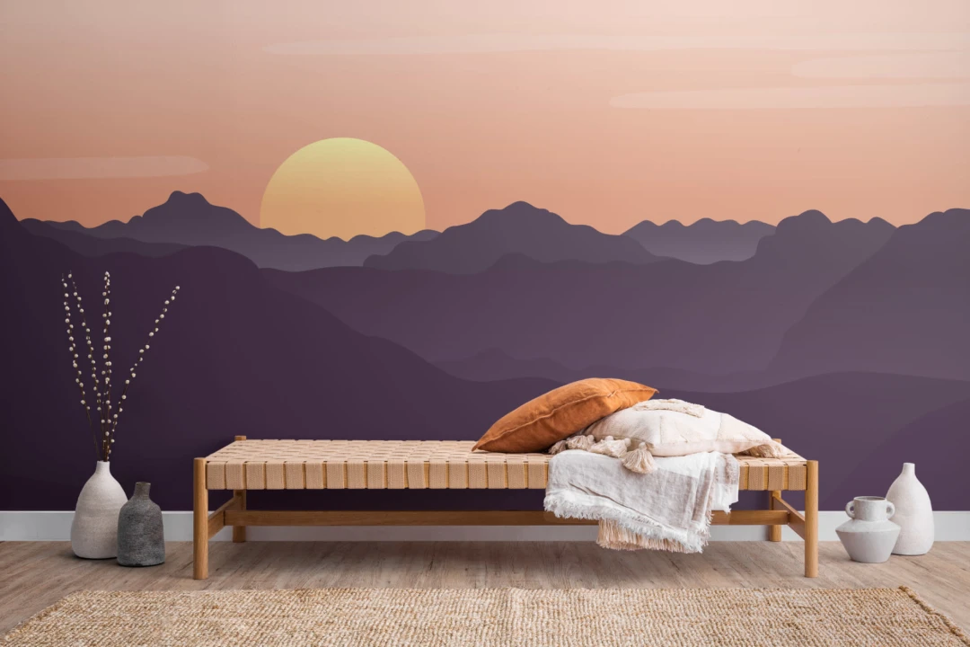Red Illustrated Landscape Sunset Wallpaper Mural