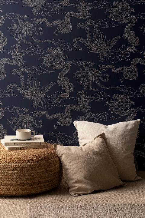 Papier peint des contours du dragon chinois et du phénix de la marine