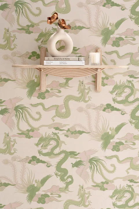 Green Chinese Dragon and Phoenix Wallpaper