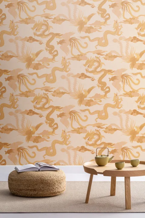 Gold Chinese Dragon and Phoenix Wallpaper