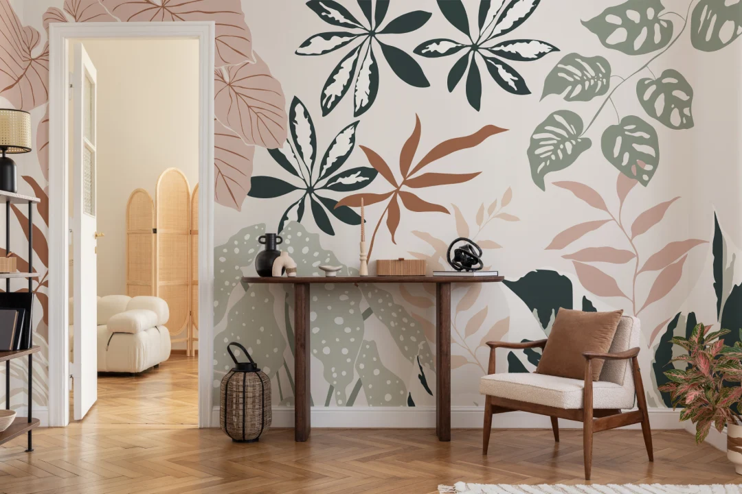 Neutral and Green Modern Botanical Plants Wallpaper Mural
