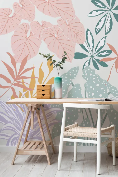 Mural Papel Pintado Botánico con Mezcla de Hojas en Colores Pastel