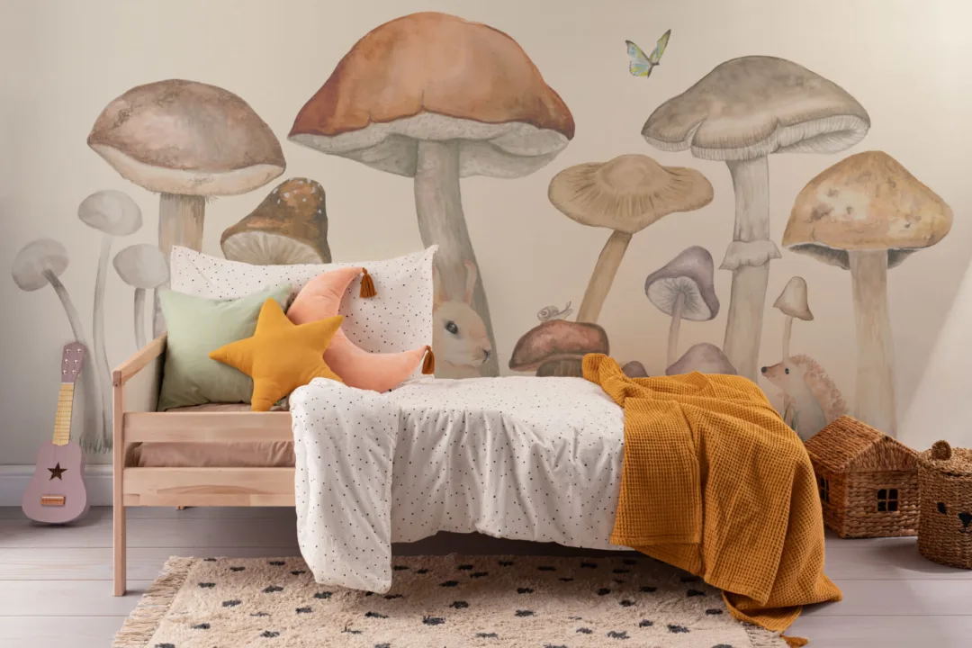 Papel Pintado Setas y Animales del Bosque en Beige