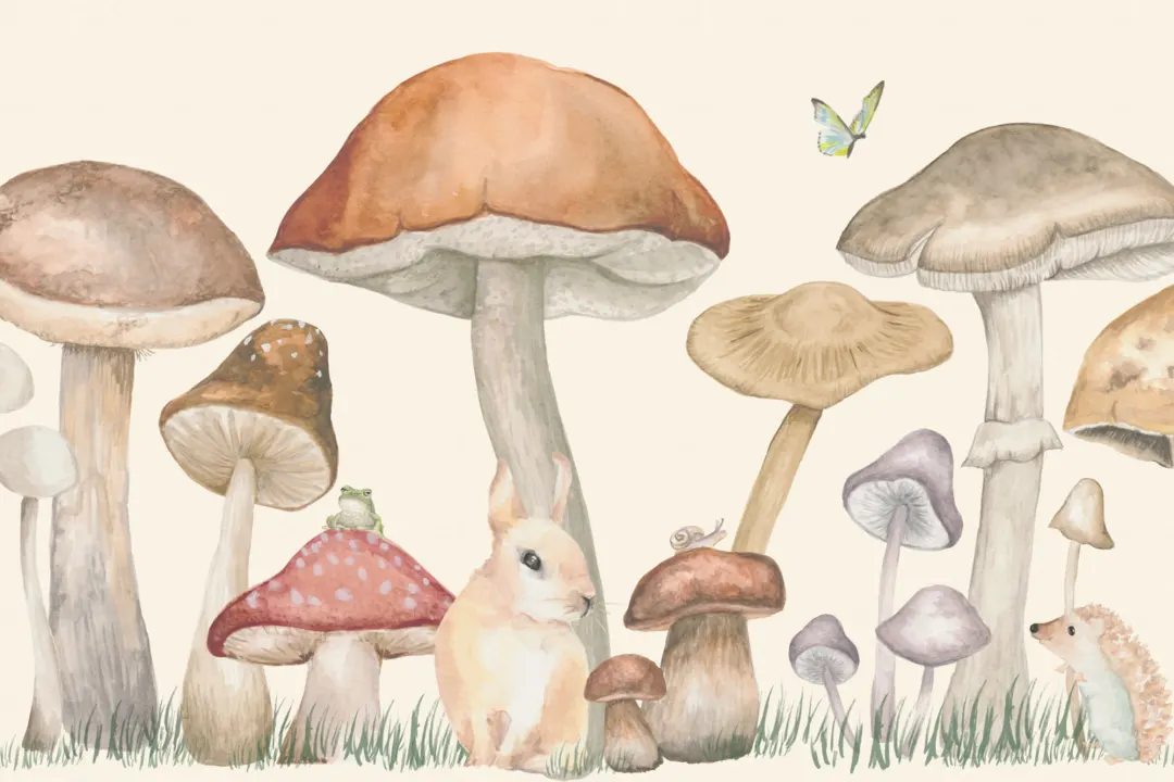 Papel Pintado Setas y Animales del Bosque en Beige