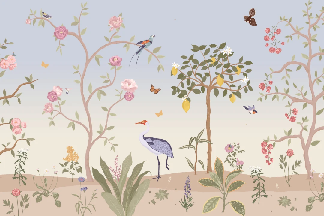 Mural Jardín Botánico Estilo Chinoiserie en Azul