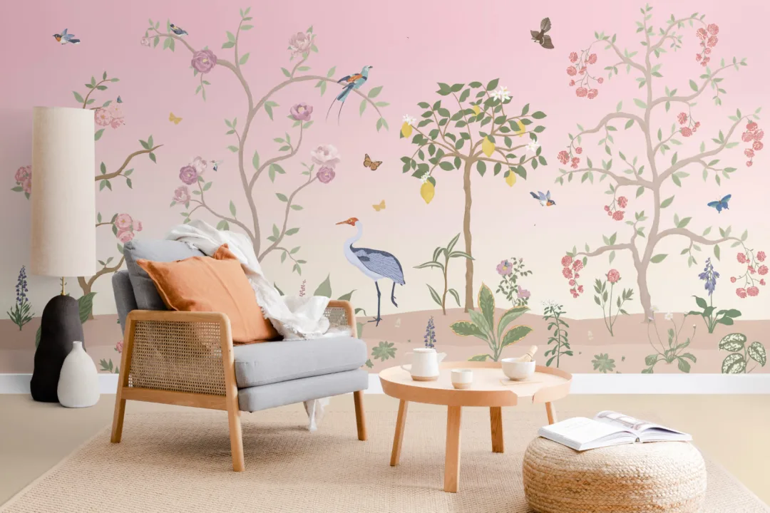 Różowa fototapeta ścienna Chinoiserie Floral Spring Garden