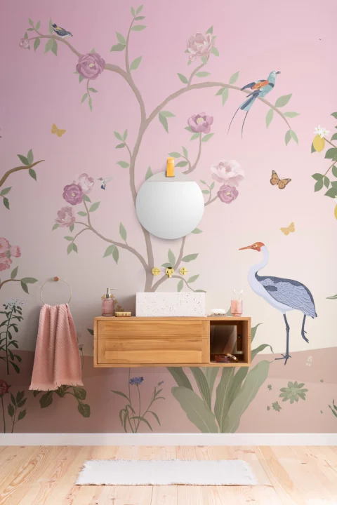 Mural Jardín Botánico Estilo Chinoiserie en Rosa