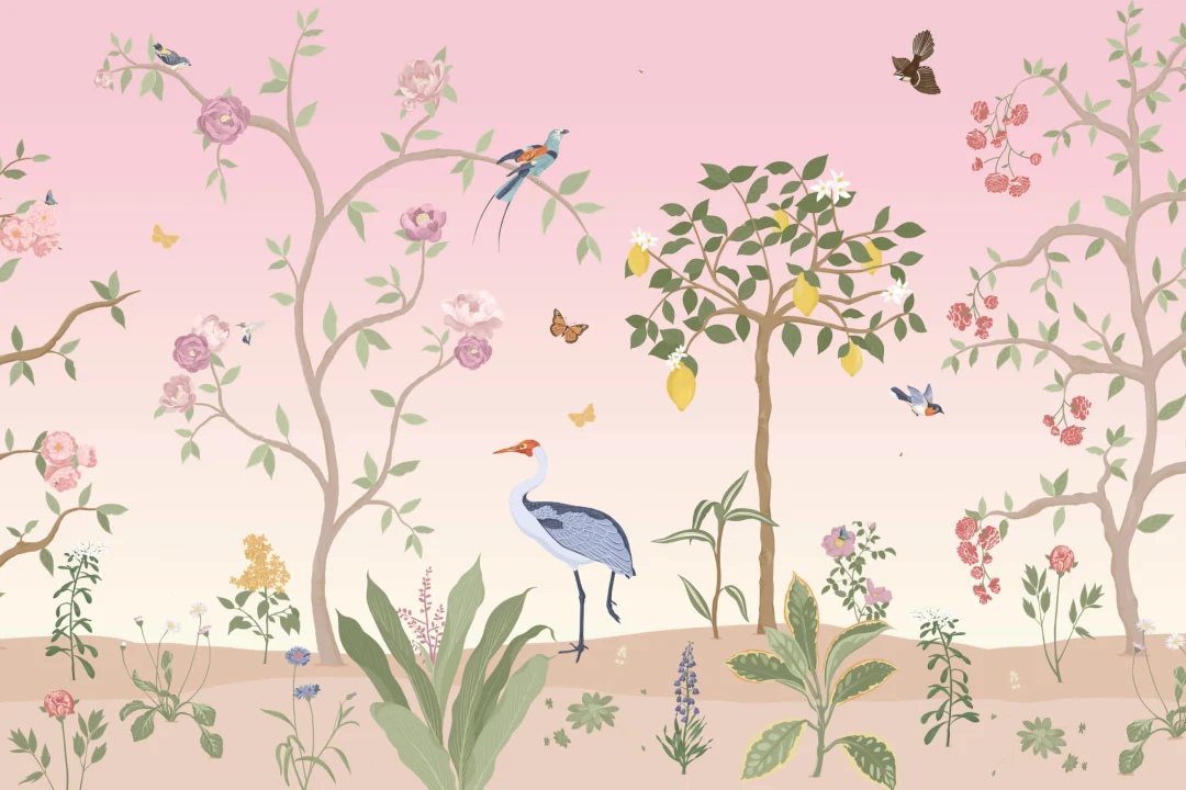 Pink Chinoiserie Floral Spring Garden Wall Mural
