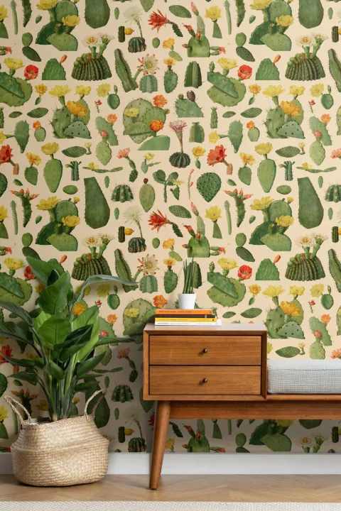 Green Cactus Succulent Pattern Wallpaper Mural