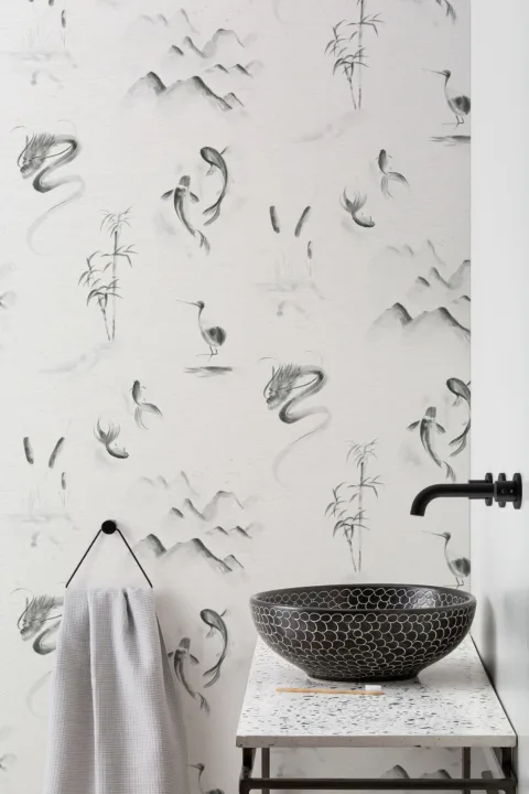 Mural Papel Pintado de China con Motivo de Dibujos Orientales Grises