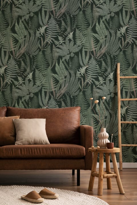 Papier Peint Fougère Vert Foncé et Vintage à Motifs Répétés