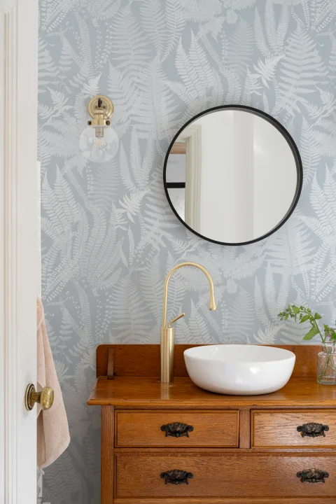Light Blue Vintage Fern Illustrations Repeat Pattern Wallpaper