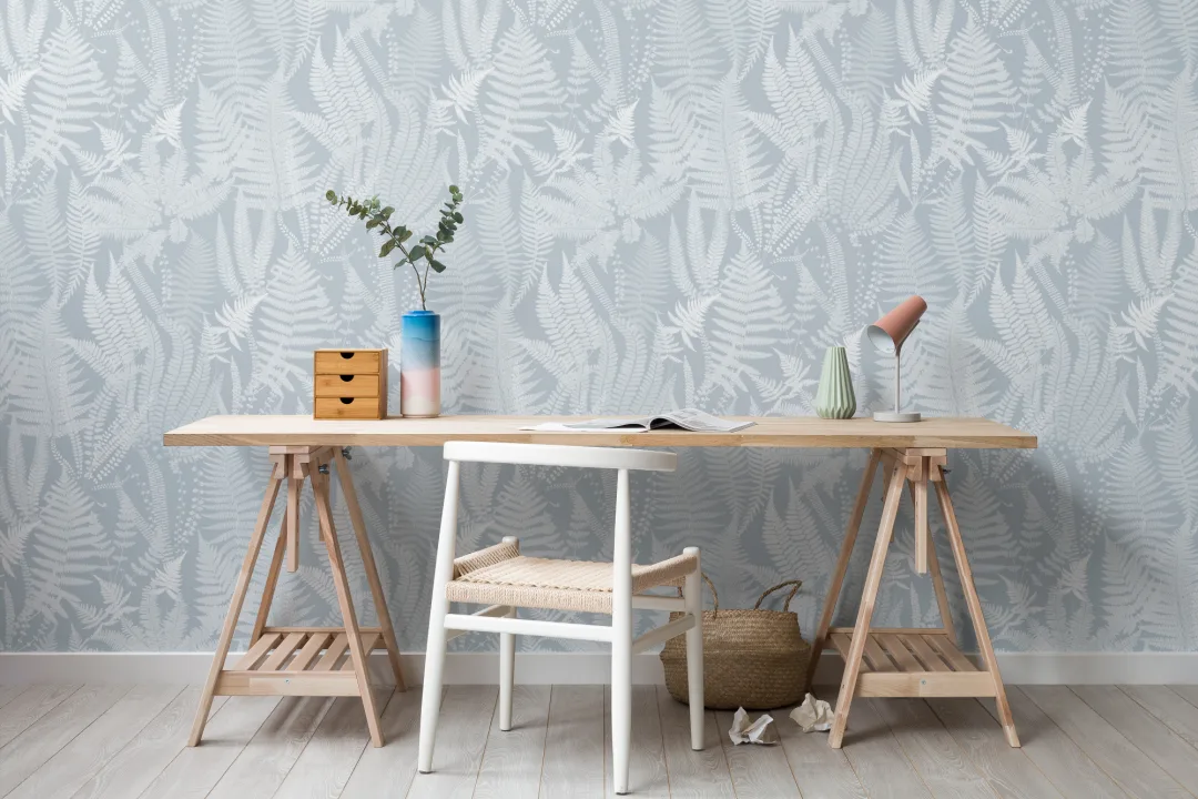 Light Blue Vintage Fern Illustrations Repeat Pattern Wallpaper