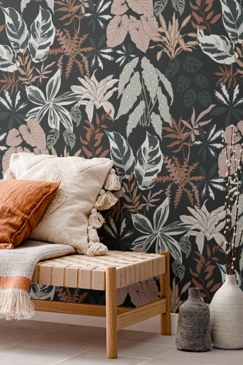 Papier Peint Botanique Vert Foncé à Motif de Plantes