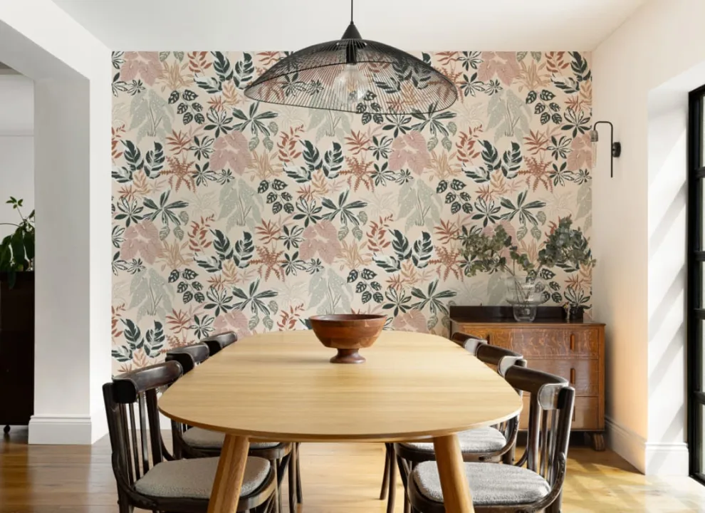 Neutral and Green Modern Botanical Plants Repeat Pattern Wallpaper
