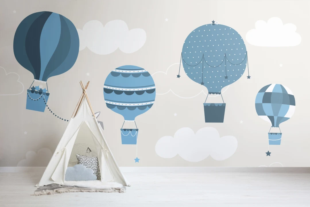Mural Papel Pintado Conejito y Globos Azules para Niños