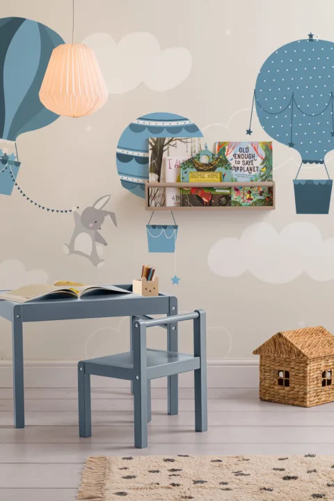 Kids Blue Bunny & Balloons Wallpaper Mural