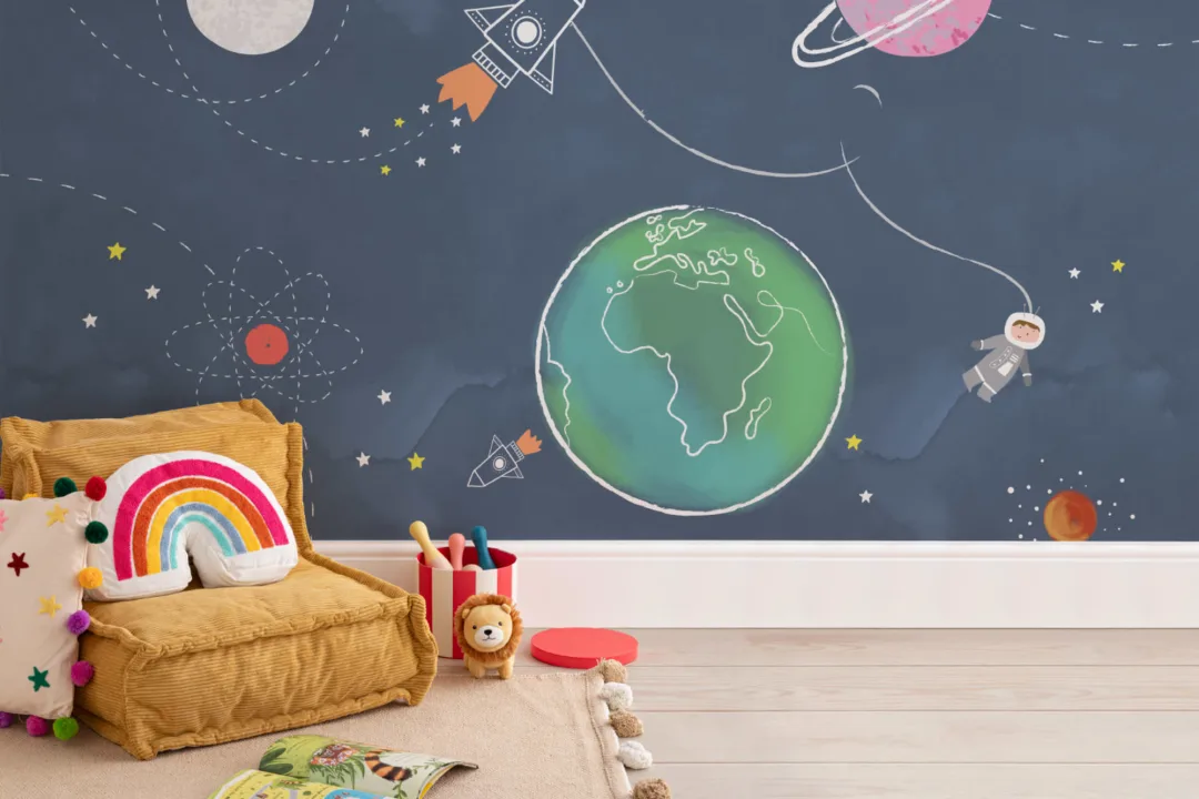 Mural Papel Pintado del Espacio para Niños con Cohete y Planetas
