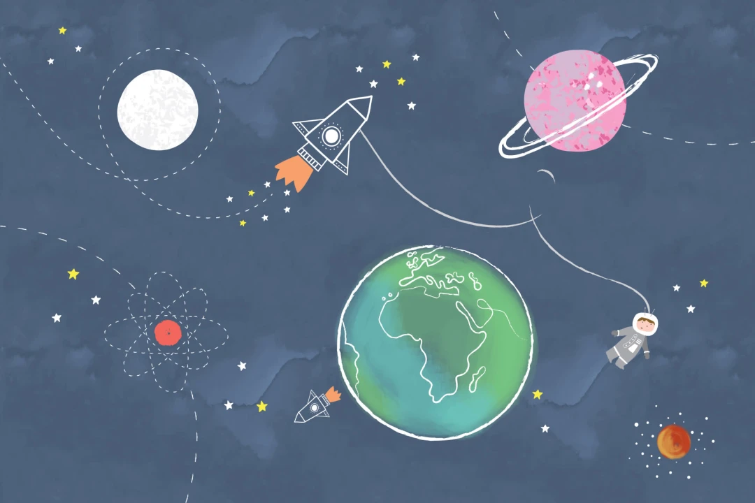 Mural Papel Pintado del Espacio para Niños con Cohete y Planetas