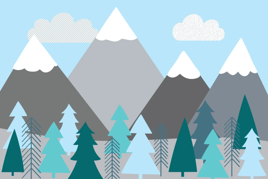 Mural Papel Pintado Infantil Montañas con Nieve y Bosque Ilustrado