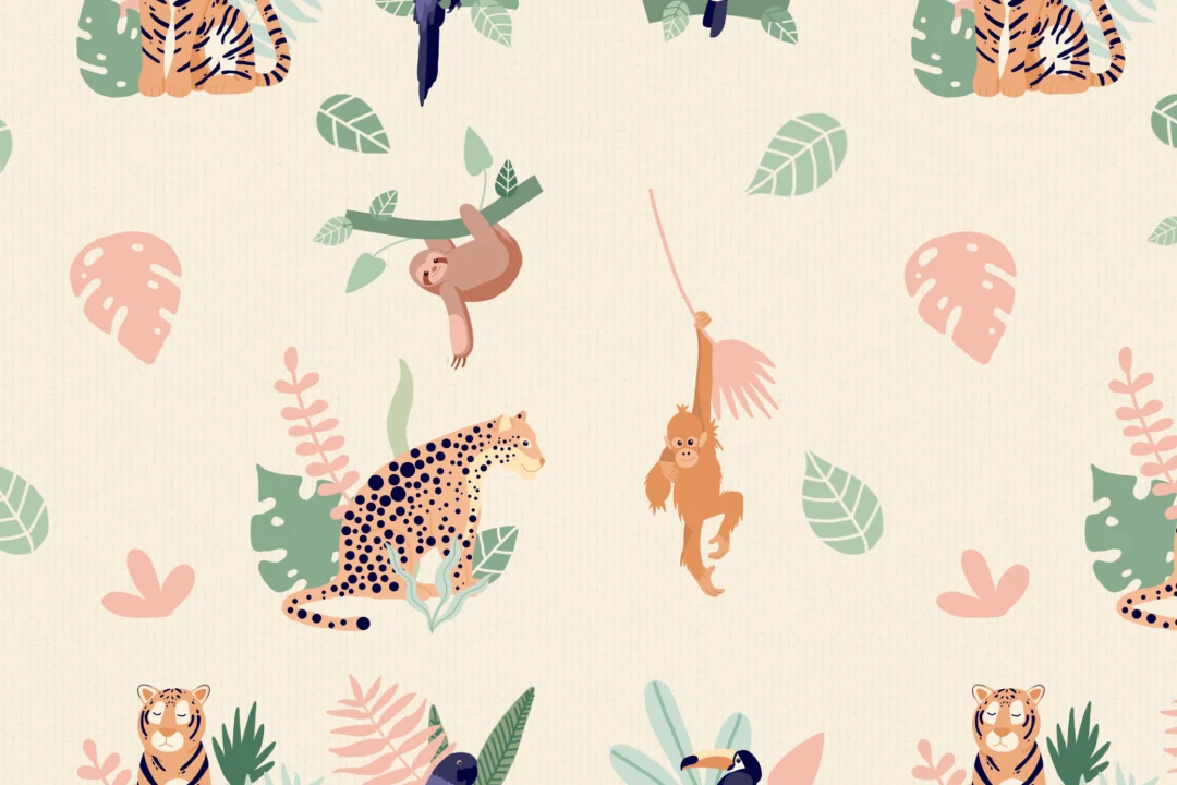 Papel Pintado Animales y Hojas de la Selva
