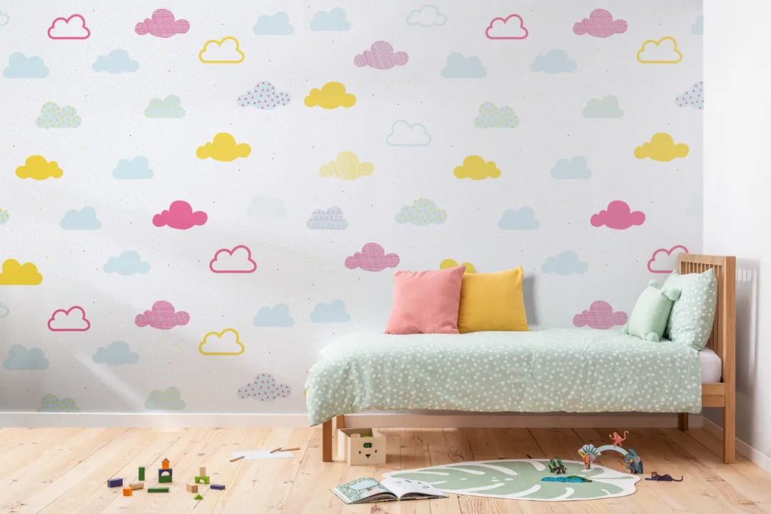Mural Papel Pintado Estampado de Nubes en Tonos Pastel Brillantes