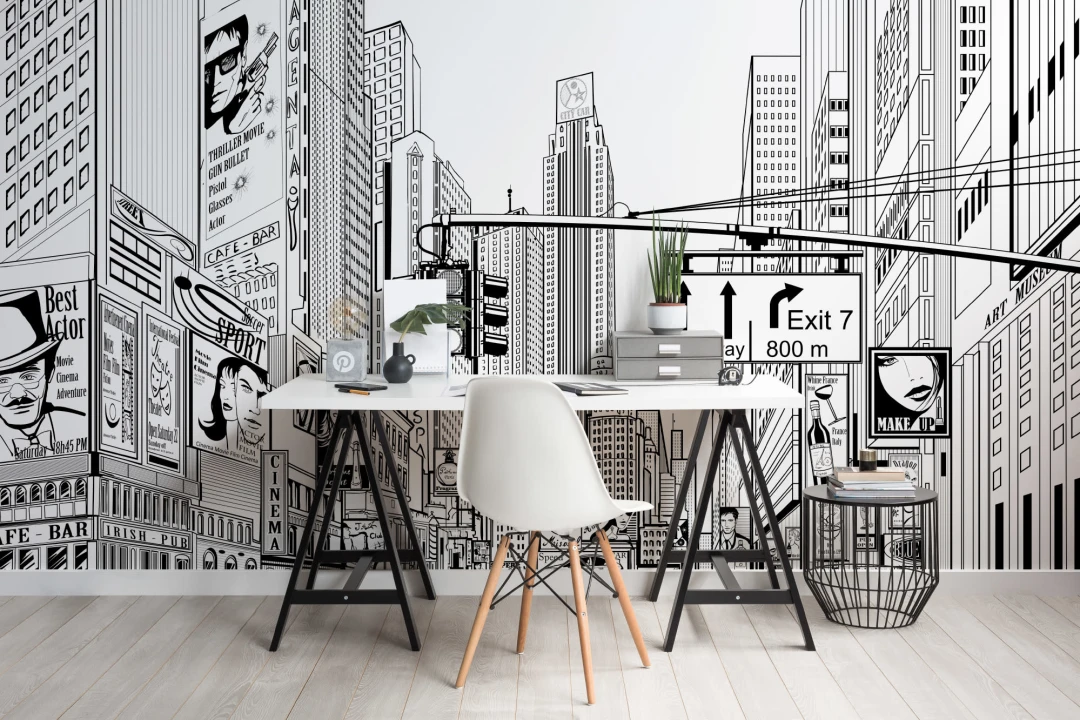 Black & White Illustrated NYC Wallpaper Mural