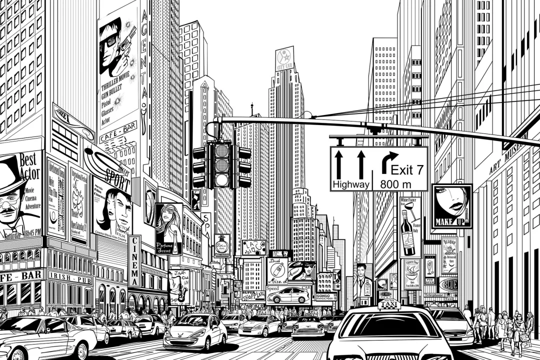 Black & White Illustrated NYC Wallpaper Mural