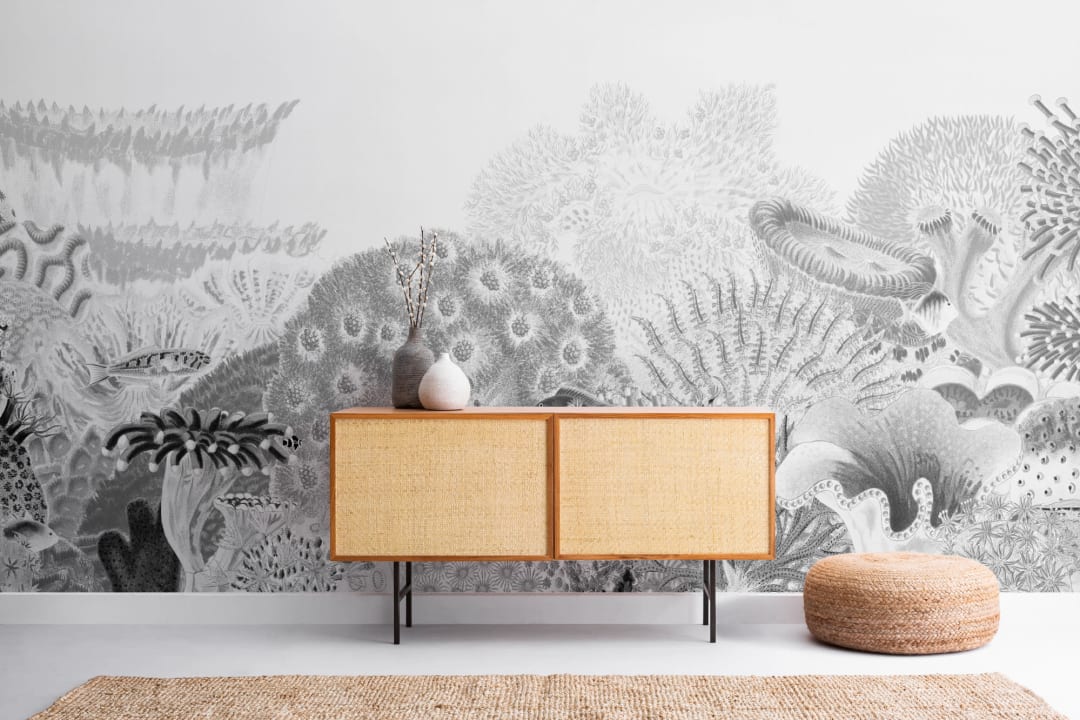 Gray Vintage Illustrations Coral Reef Mural