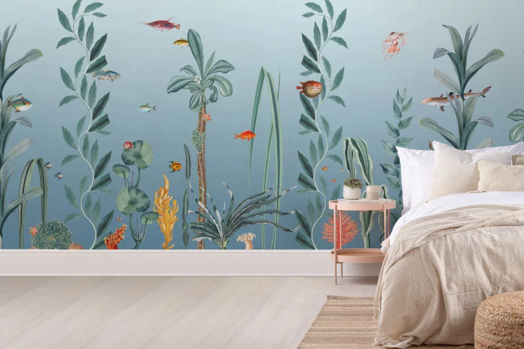 Blue Fish & Seaweed Underwater Mural