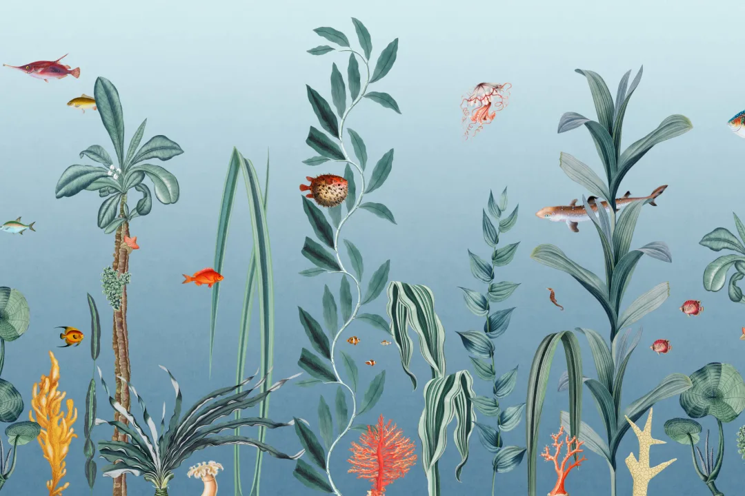 Blue Fish & Seaweed Underwater Mural