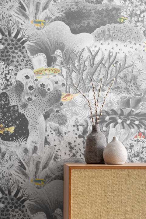 Gris Vintage Ilustraciones Plantas Marinas Mural