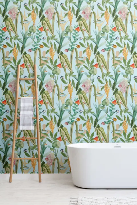 Blue Fish & Plants Coastal Wallpaper