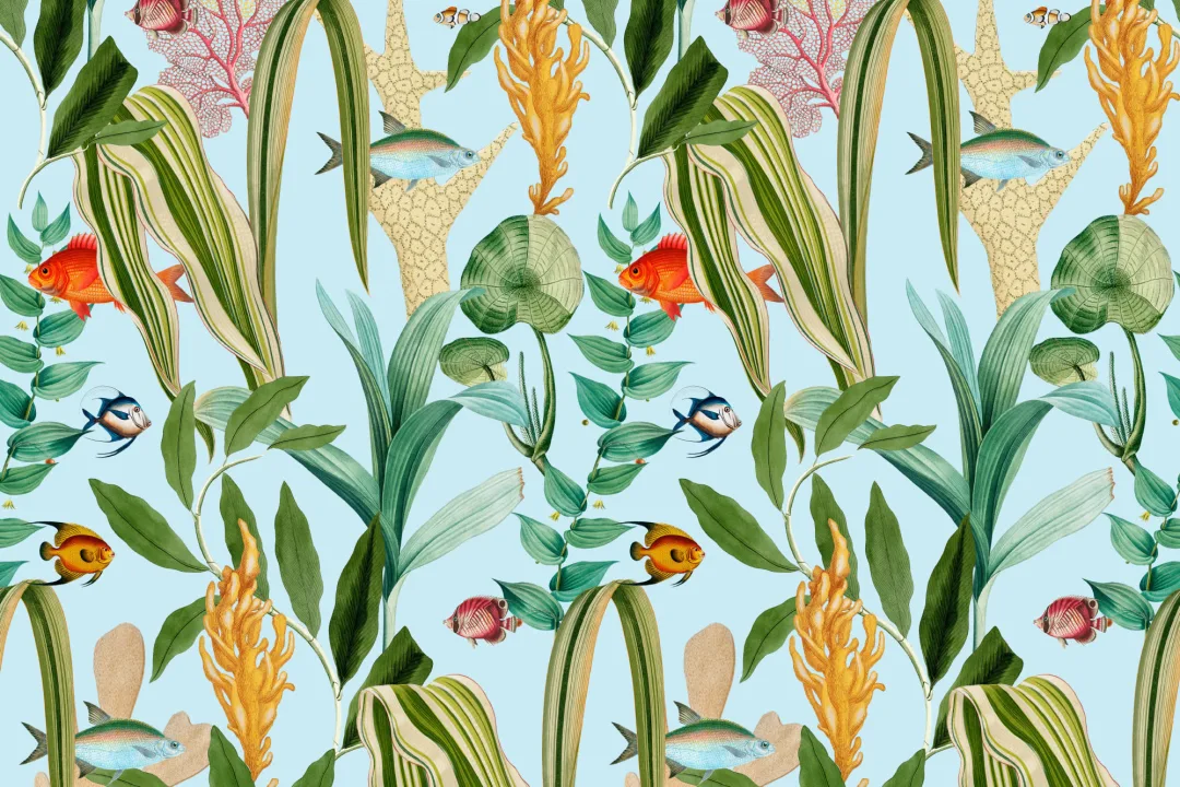 Blue Fish & Plants Coastal Wallpaper