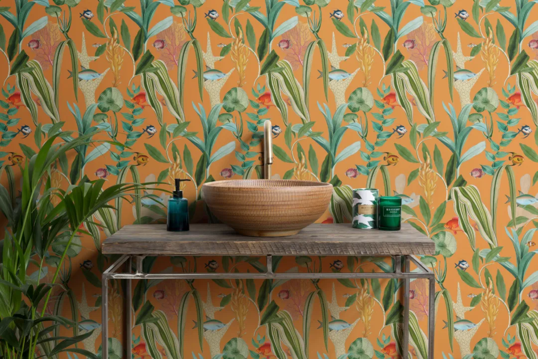 Papel pintado costero naranja Peces y plantas