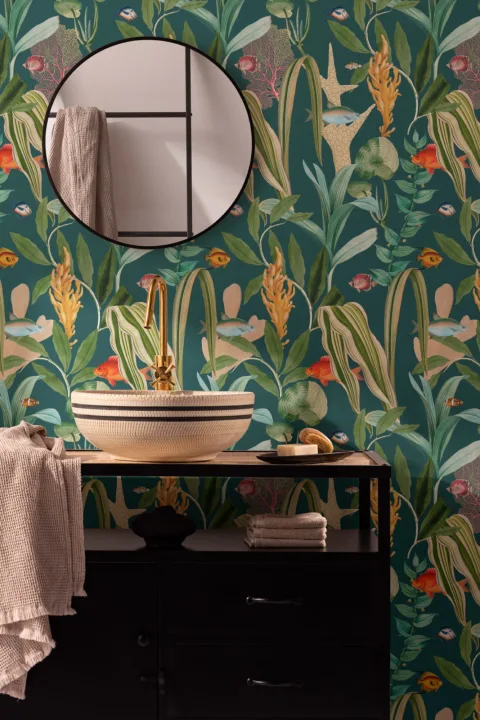 Teal Fish & Plants Coastal Wallpaper
