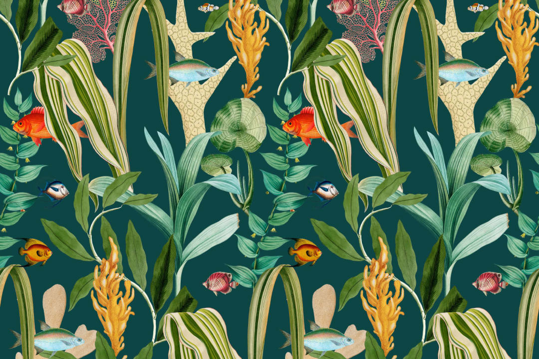 Teal Fish & Plants Coastal Wallpaper