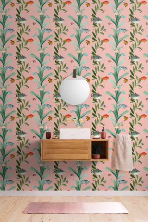 Pink Fish & Seaweed Coastal Wallpaper