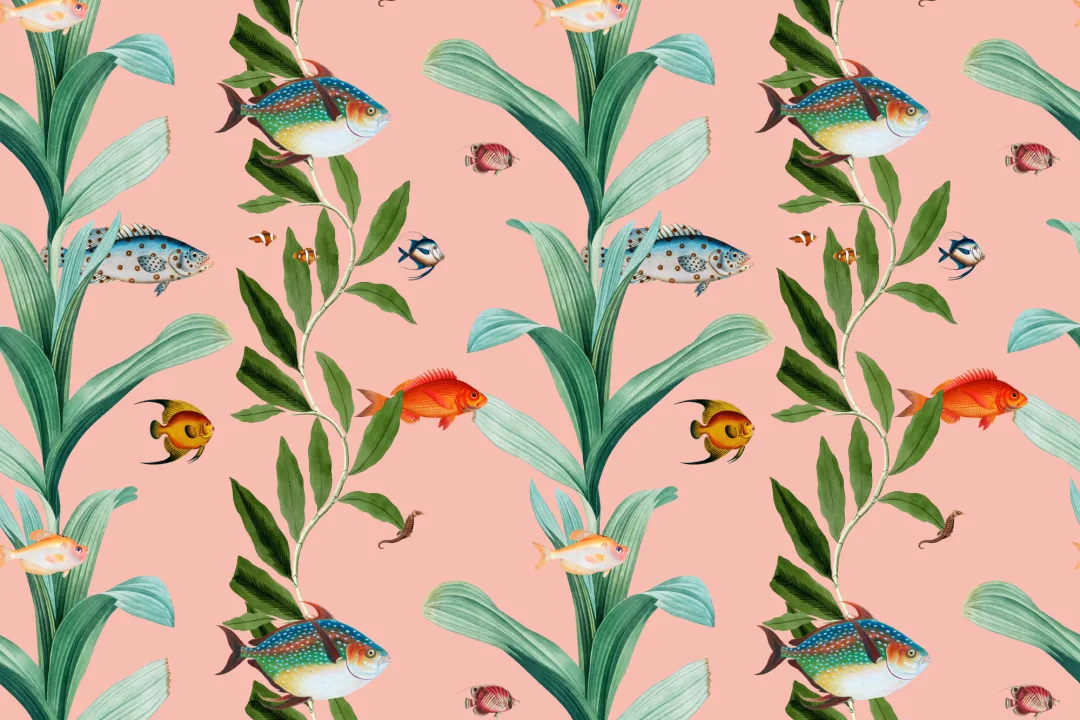 Pink Fish & Seaweed Coastal Wallpaper